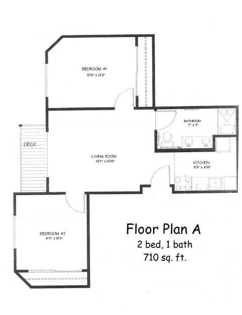 Floor plan for 2 beds, 1 bath